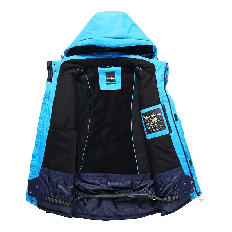 Men's blue ski jacket with micro fleece lining and detachable hood, featuring windproof and waterproof material, model SF0857.